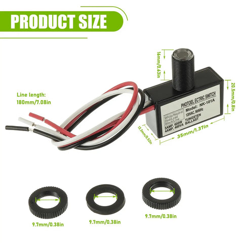 105V To 130V AC Photocell Light Sensor with wiring and dimensions details, showcasing outdoor lighting dusk to dawn auto switch.