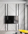 Living room with Slick Self Adhering Stainless Steel Black Metalized Wall Trim Molding With Mirror Like Finish around TV