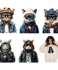 Six Piece Street Style Cat Iron On Transfers For T Shirts And Hoodies Colorful DTF Ready To Press Heat Transfer Stickers displayed
