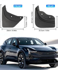 Custom Fit Splash Shields For Tesla Model Y 2020 To 2024 showing front and rear mud flaps dimensions and installation details.