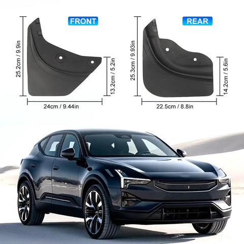Custom Fit Splash Shields For Tesla Model Y 2020 To 2024 showing front and rear mud flaps dimensions and installation details.