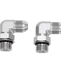 Solid Pro One Quarter Inch Hydraulic Adapter Fitting 90 Degree Elbow 37 Flare Male Thread To SAE ORB Male Interface High Pressure Connector J514 Fitment For Auto Rigs Heavy Duty Build Leak Proof Seal Works Great At Shops Gear Up Fast, two silver fittings