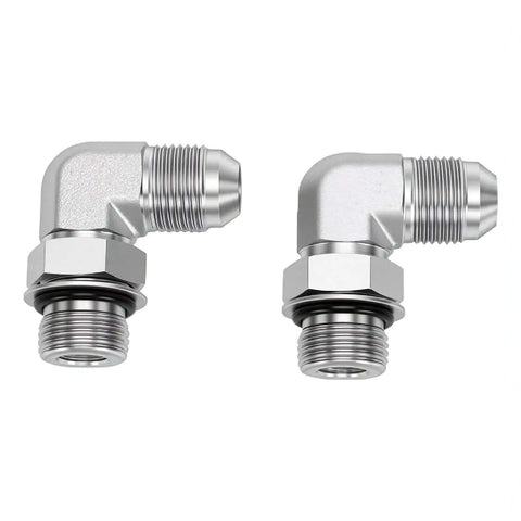Solid Pro One Quarter Inch Hydraulic Adapter Fitting 90 Degree Elbow 37 Flare Male Thread To SAE ORB Male Interface High Pressure Connector J514 Fitment For Auto Rigs Heavy Duty Build Leak Proof Seal Works Great At Shops Gear Up Fast, two silver fittings