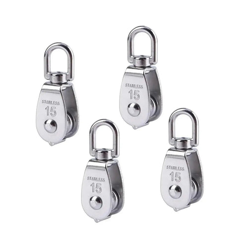 Heavy Duty 304 Stainless Steel Cable Pulley Wheel Set For Lifting M15 Single Rotating Rope Pulley Roller 360 Degree Rotation Includes 2 Pieces Corrosion Resistant Rugged And Easy To Use For Tough Jobs, four M15 pulleys