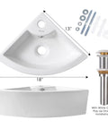 Space Saver Corner Bathroom Sink 18 By 13 Ceramic Vessel With Wall Mount Pop Up Drain Installation Kit White Design.