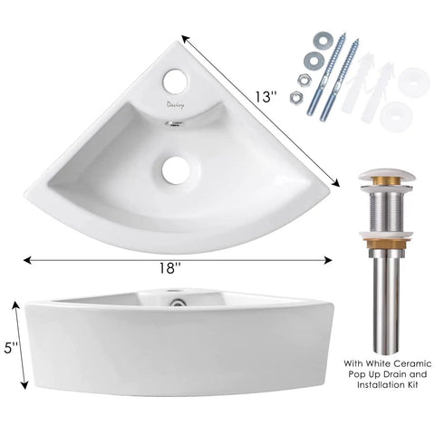 White ceramic corner vessel sink with pop-up drain and installation kit, 18 x 13 x 5 inches