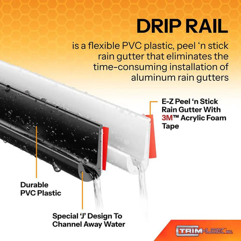 Flexible PVC drip rail molding with 3M acrylic foam tape, channeling water, shown in black finish for cars and RVs.
