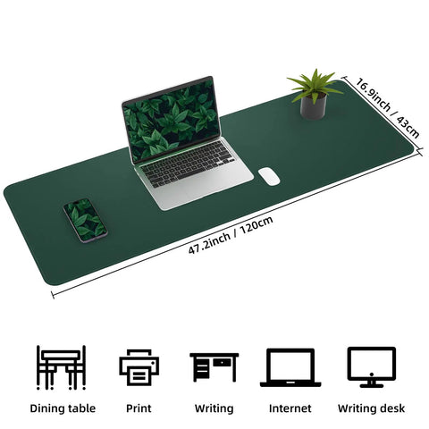 Beefy Dual Sided Cork And PU Leather Desk Pad 47 Inch By 17 Inch Waterproof Non Slip Office And Gaming Desk Mat in dark green, with laptop and plant.