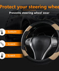Beige Top Shelf Leather Steering Wheel Cover Universal For Almost Every Ride Easy Swap Non Slip for protection against sunburn and scratches.