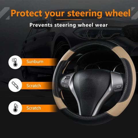 Beige Top Shelf Leather Steering Wheel Cover Universal For Almost Every Ride Easy Swap Non Slip for protection against sunburn and scratches.