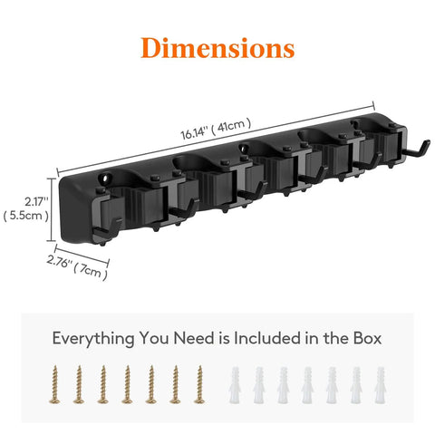Mop and Broom Holder Wall Mount Anti Slip Hanger for Cleaning Supplies Organizer No Fuss Easy Install Hanging Rack with 5 Slots and 6 Hooks Black