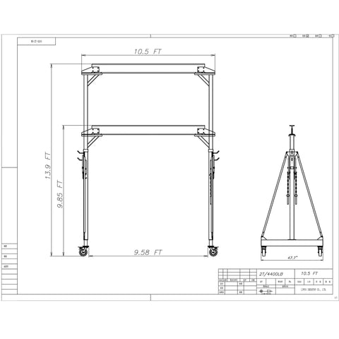 Technical drawing of Heavy Duty 10.5 Foot Adjustable Gantry Crane With 4000 Lb Capacity, Height Range 9.85 To 13.9 Feet.
