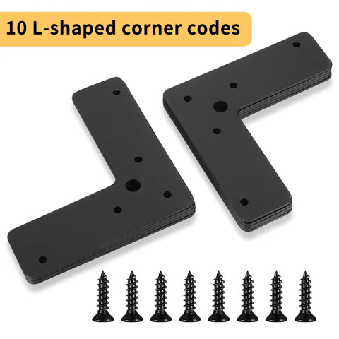 Beefy L Shaped Corner Brackets 4 By 4 By 1.25 Inch Pack Of 10 Black Steel Right Angle Mending Plates For Furniture Cabinets And Shelves Load 33 Lbs Built Tough Rust Resistant Easy To Install, shown with screws against white background