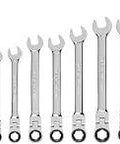 Flex Ratcheting Wrench Set, 15-Piece 8-22 mm with 180-degree pivot and 6-point box ends, tools arranged in ascending order.
