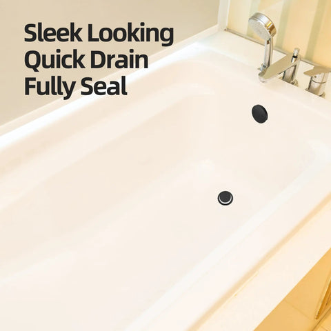 High End Matte Black Tip Toe Bathtub Drain Kit With Snap On Hair Catcher And No Sweat Leak Proof Design That Slaps Modern Bathrooms While Rocking An Anti Fingerprint Electroplated Surface For A Top Shelf Vibe installed in a sleek white bathtub.