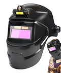 Auto Darkening Welding Hood With True Color Viewing System And Large Window For On Site Metalworking, shown on mannequin