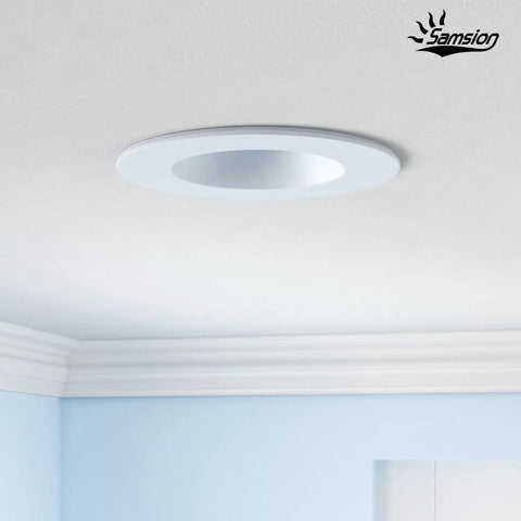 Samsion Smooth Reflector Trim Retrofit Kit, 6 Inch Dimmable LED Downlight mounted on a light blue ceiling.