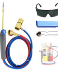Heavy Duty Welding Torch With Adjustable Flame And Built In Igniter For MAPP Oxygen Or Propane, safety glass, and accessories shown.