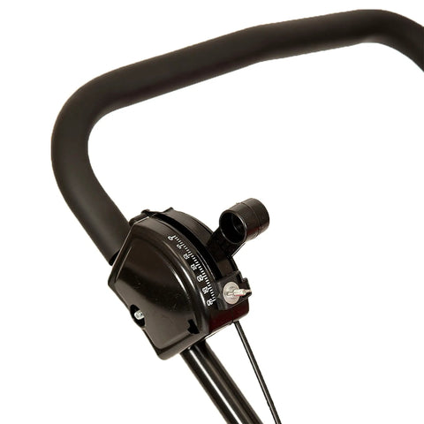 Handle of Deluxe Heavy-Duty Walk-Behind Commercial Broadcast Spreader With 80 Lb Capacity, featuring built-in side spread control.