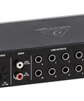 Rear view of Uphoria UMC1820 Audiophile USB Audio MIDI Interface with Midas mic preamps, 18 in 20 out connectivity in black metal casing.