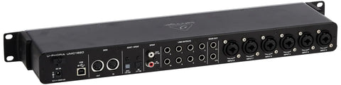Rear view of Uphoria UMC1820 Audiophile USB Audio MIDI Interface with Midas mic preamps, 18 in 20 out connectivity in black metal casing.