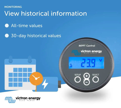Digital display of MPPT Solar Charge Controller For Panels With Remote Monitoring And Easy Config, showing historical data.