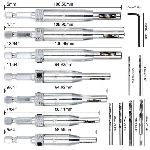 Front view of AFUNTA 21-piece chrome center drill bit set with hex key and 10 replacement bits