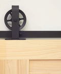 Black Rustic Non-Bypass Sliding Barn Door Hardware Kit For Two Doors With 16Ft Long Flat Track, Bent T-Shape Spoke Wheel Design Rollers