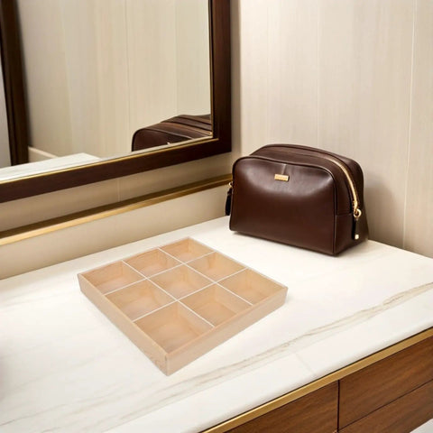 Top Notch Nine Section Wooden Underwear Drawer Organizer For Closet And Bedroom Keeps Your Socks And Lingerie Neatly Sorted With Space Saving Design For A Clean Setup on a dresser.