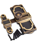 Beastly Portable Door Lock With Heavy Duty Sliding Window Latch And Antique Brass Travel Safety Bolt, close view of latch and screws.