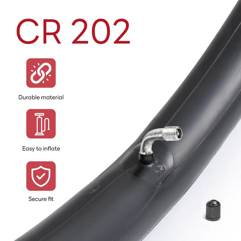 Close-up of the Two Pack 14x2.125 E-Bike Inner Tubes with Bent Valve Stem for 14 Inch Tires showing CR202 durable material features.