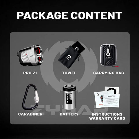 Package contents of Pro Z1 Slope Golf Rangefinder With 1300 Yard Range 7X Magnification Tournament Legal Weather Resistant Flag Pole Locking Pulse Sensor Must Have Premium Golf Accessory, including rangefinder, towel, carrying bag, carabiner, battery, instructions, and warranty card.