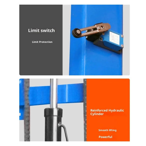 Close-up of Limit switch and reinforced hydraulic cylinder on Heavy Duty Electric Lifting Platform With Guide Rails For Small Elevator Use Featuring 500Kg Load Capacity Thicken Steel Build.