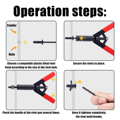 Pro Grade Rivet Gun Quick Set Hand Tool with 40 Piece Assorted Blind Rivets steps for door panel fastening on vehicles