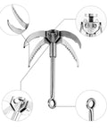 Detailed view of Stainless Steel 4 Claw Grappling Hook With Carabiner And 65ft 8mm Nylon Rope for camping and hiking.