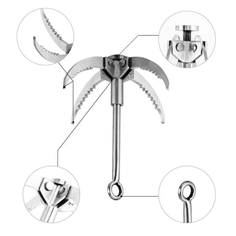 Detailed view of Stainless Steel 4 Claw Grappling Hook With Carabiner And 65ft 8mm Nylon Rope for camping and hiking.