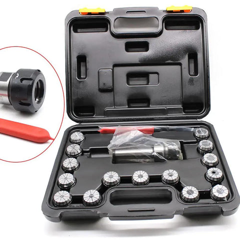 Pro Grade MT3 Shank ER32 Chuck Spanner Set With 15 Pcs Collets M12 Holder For Milling And Lathe shown in black carrying case