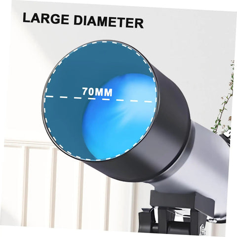 Close-up of Starter Refractor Telescope with Adjustable Tripod for Adults, showing 70mm large diameter lens and precision focusing system.