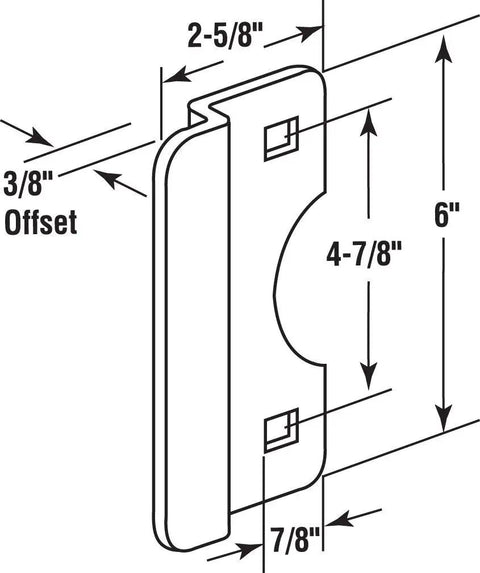 Technical diagram of Rugged Heavy Duty Steel Latch Guard Plate Cover For Outswing Doors Six Inch Size With Five Sixteenths Inch Offset