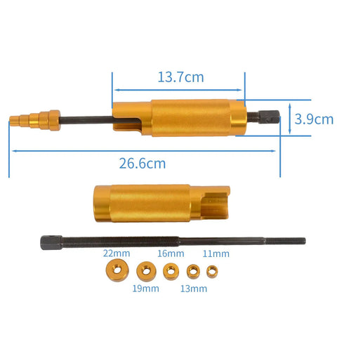 Heavy Duty Badass Wrist Pin Puller Kit For Small Engines Top Shelf Aluminum Alloy Piston Remover with gold adapters and measurements.