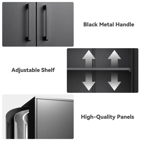 Metal Wall Cabinet With Lockable Doors, Wall Mounted Garage Storage Cabinet With Shelves, black handles and shelf detail