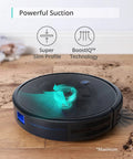 Black Ultra Slim Robot Vacuum With Dope Suction Quiet Clean Self-Charging Dock showing BoostIQ technology on hardwood floor