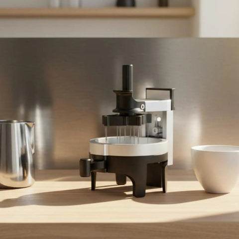 Premium Espresso Coffee Distributor And Tamper Leveler With Adjustable Rotary Depth and Twelve Prongs on kitchen counter.