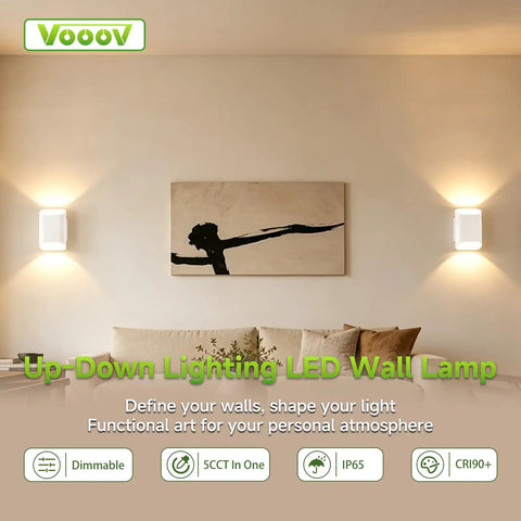 VOOOV 7.9 Inch White LED Wall Sconce Includes 5CCT Dimmable Lighting mounted on wall illuminating a modern living room.