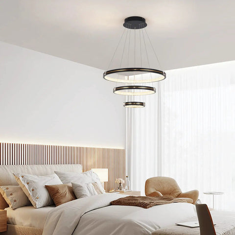 Three Ring Modern LED Pendant Light Dimmable Contemporary Chandelier In Black Acrylic 76W Hanging Fixture in modern bedroom