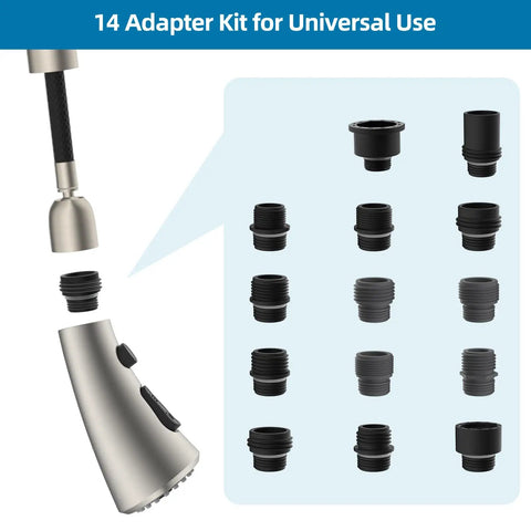 Universal Kitchen Faucet Replacement Sprayer Head With 14 Adapters No Sweat Setup Brushed Nickel and black adapter kit.