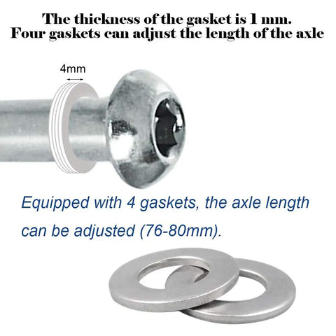 Close-up of durable steel axle screw with 4 adjustable gaskets for Eight Millimeter Axle Screws For Two Three Four Wheel Kids Scooters Replacement.