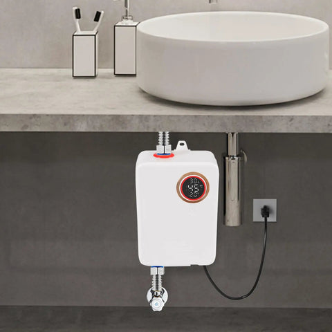 Instant Hot Water Heater Tankless Electric 3000W Wall Mounted with clear digital display under sink for fast heating.
