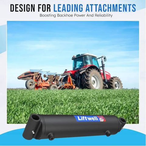 Heavy Duty Double Acting Cross Tube Hydraulic Cylinder With Two Inch Bore And Six Inch Stroke Welded Construction Three Thousand PSI SAE Six Ports Suitable For Tractor Loaders And Front End Loaders Replacement Part against a farming background.