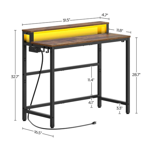 Small Computer Desk With Charging Station And LED Lights, Gaming Desk With Monitor Stand, 2-Tier Home Office Desk In Rustic Brown